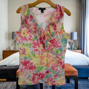 Chaps Women's size Large Pink green yellow floral Mesh Ruffle Sleeveless Blouse